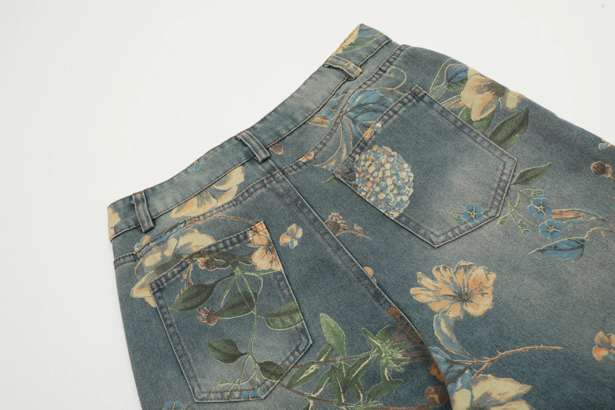 2026 New Vintage Floral Print Wide Leg Denim Pants Y2K High Waisted Distressed Washed Jeans Streetwear Loose Casual Trousers