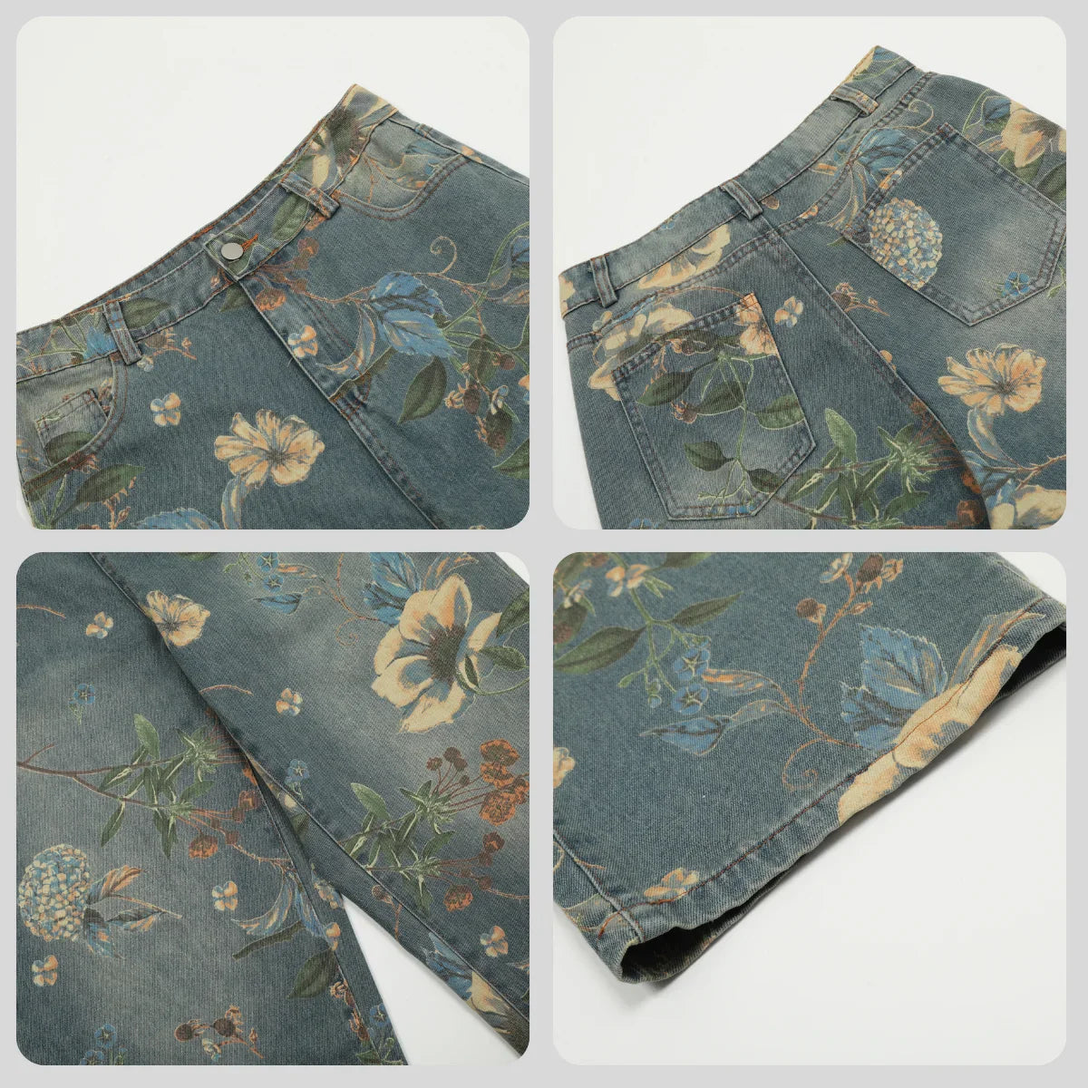 2026 New Vintage Floral Print Wide Leg Denim Pants Y2K High Waisted Distressed Washed Jeans Streetwear Loose Casual Trousers