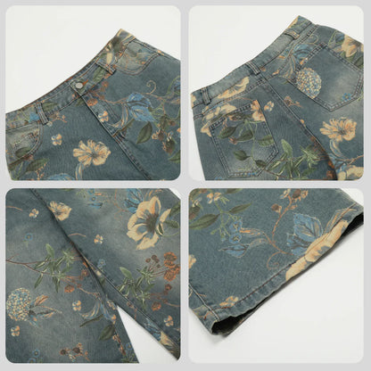 2026 New Vintage Floral Print Wide Leg Denim Pants Y2K High Waisted Distressed Washed Jeans Streetwear Loose Casual Trousers