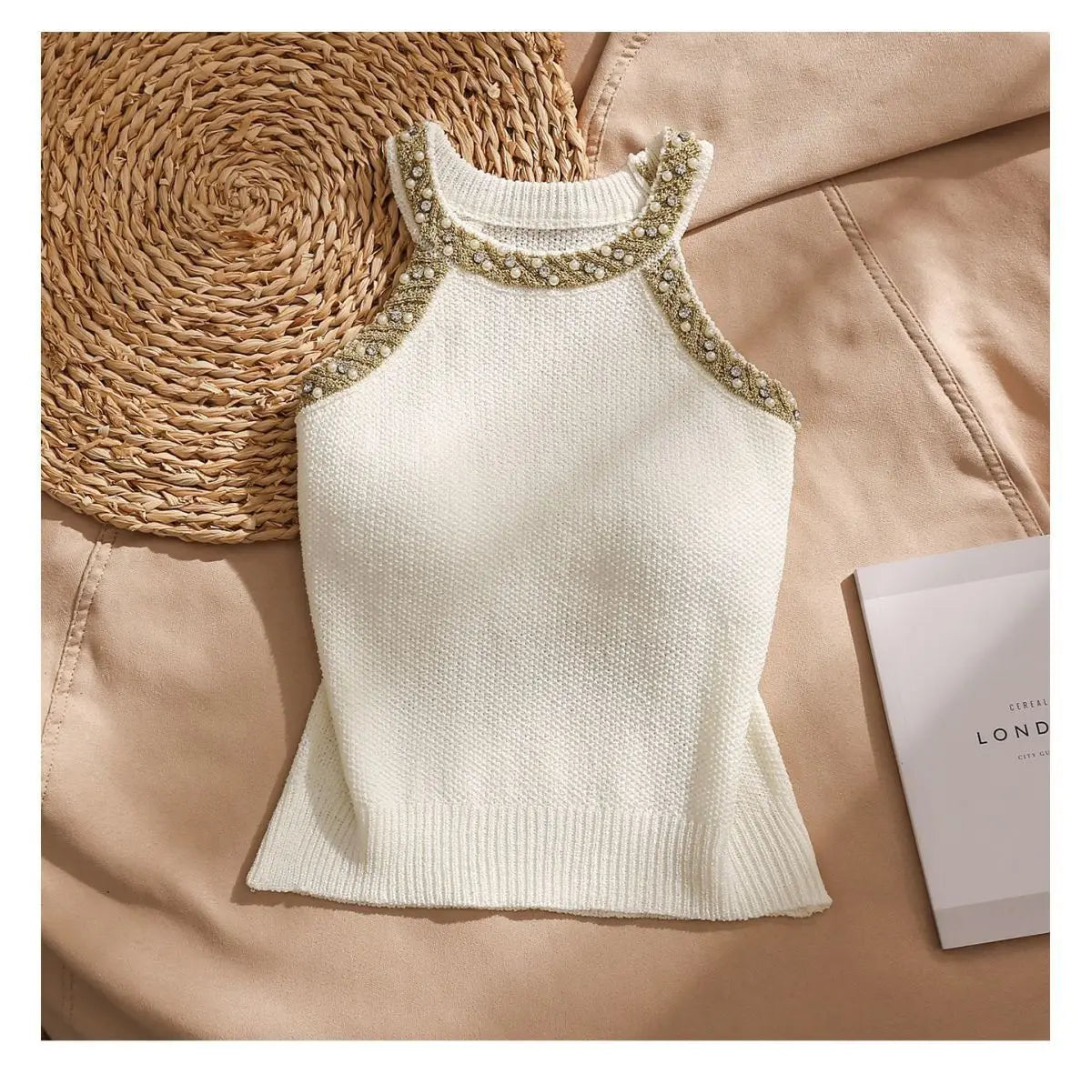 2026 Summer Sleeveless Knitted Vest Shirt Slim Halter Neck Beaded Tops Slim Sexy Bright Silk Women Camisole