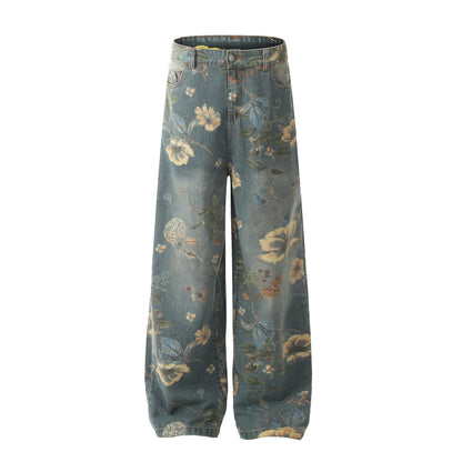 2026 New Vintage Floral Print Wide Leg Denim Pants Y2K High Waisted Distressed Washed Jeans Streetwear Loose Casual Trousers