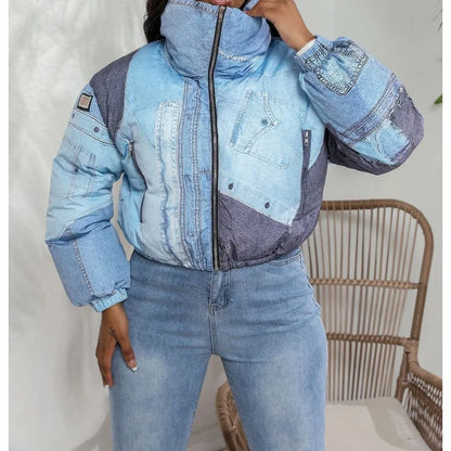 2025 Fashion Women's Jacket with Denim Print Cotton Coat