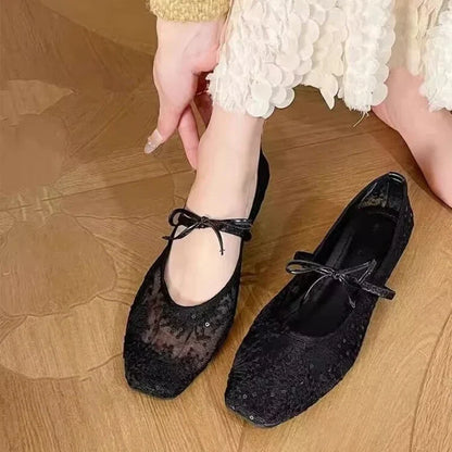 2026 Women's Lace Mesh Mary Jane Shoes Fashion Square Toe Bowknot Flats Soft Sole Comfortable Slip-On Retro Elegant Date Shoes