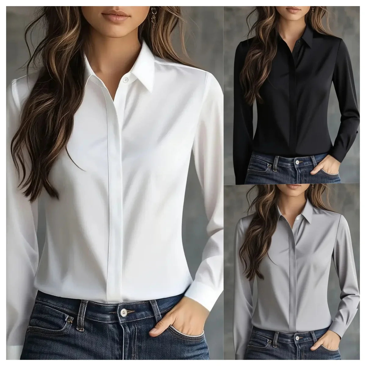 Autumn solid colour long-sleeved versatile shirt lapel satin shirt women