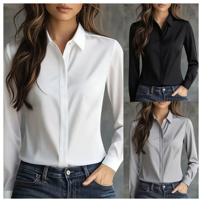 Autumn solid colour long-sleeved versatile shirt lapel satin shirt women