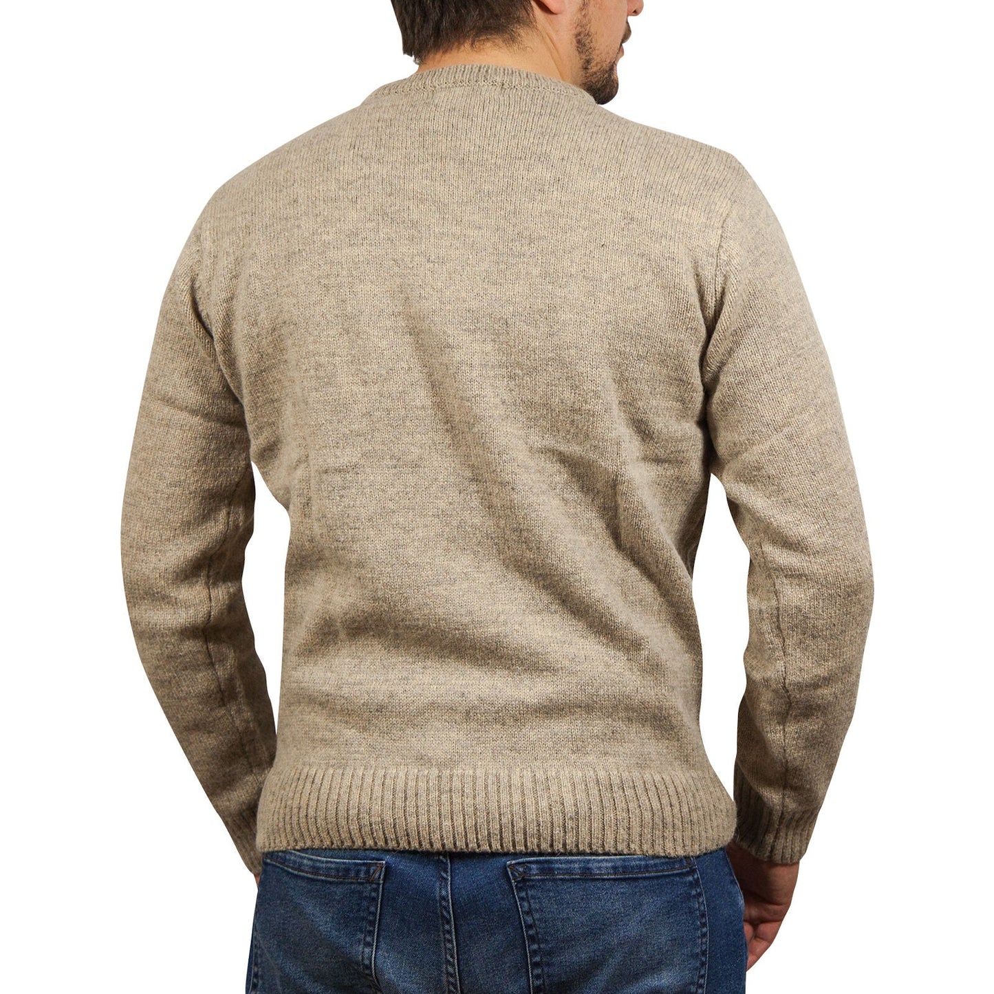 100 Shetland Wool Crew Round Neck Knit Jumper Pullover Mens Sweater Knitted Beige