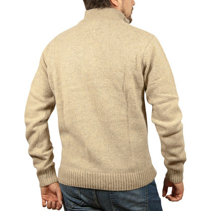 100 Shetland Ragg Wool Half Zip Up Knit Jumper Pullover Mens Sweater Knitted Oat Marle
