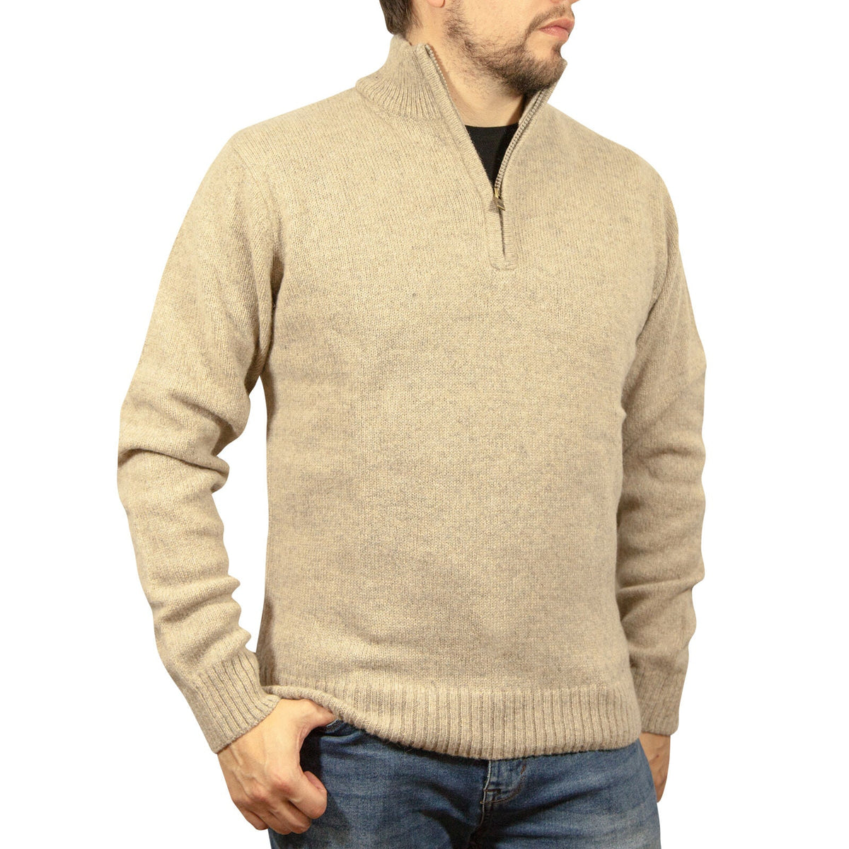 100 Shetland Ragg Wool Half Zip Up Knit Jumper Pullover Mens Sweater Knitted Oat Marle