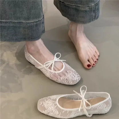 2026 Women's Lace Mesh Mary Jane Shoes Fashion Square Toe Bowknot Flats Soft Sole Comfortable Slip-On Retro Elegant Date Shoes