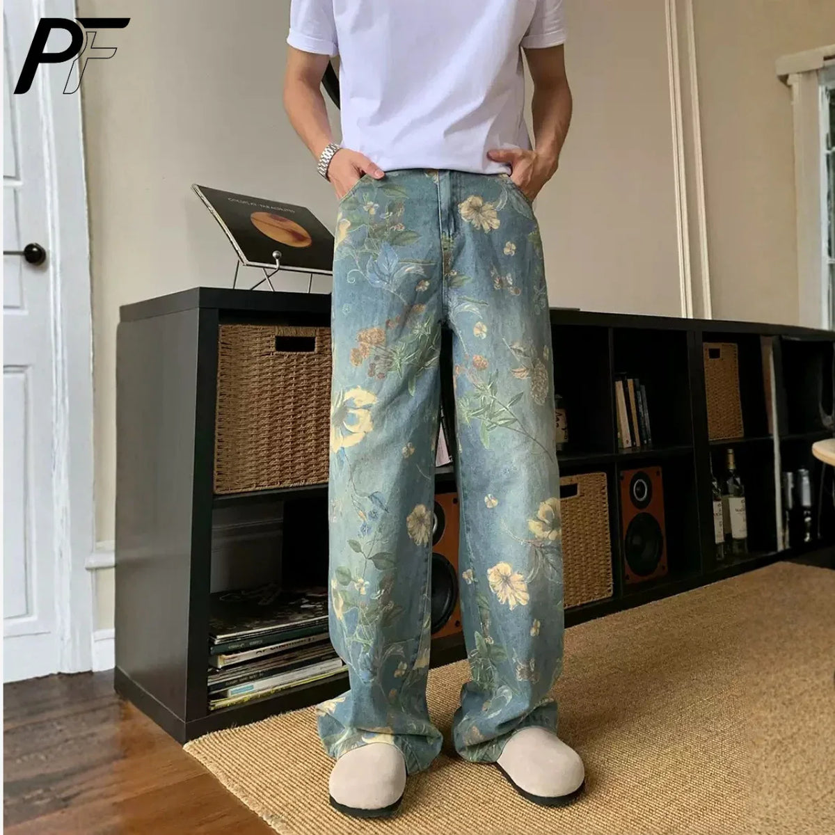 2026 New Vintage Floral Print Wide Leg Denim Pants Y2K High Waisted Distressed Washed Jeans Streetwear Loose Casual Trousers