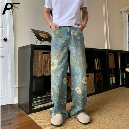 2026 New Vintage Floral Print Wide Leg Denim Pants Y2K High Waisted Distressed Washed Jeans Streetwear Loose Casual Trousers