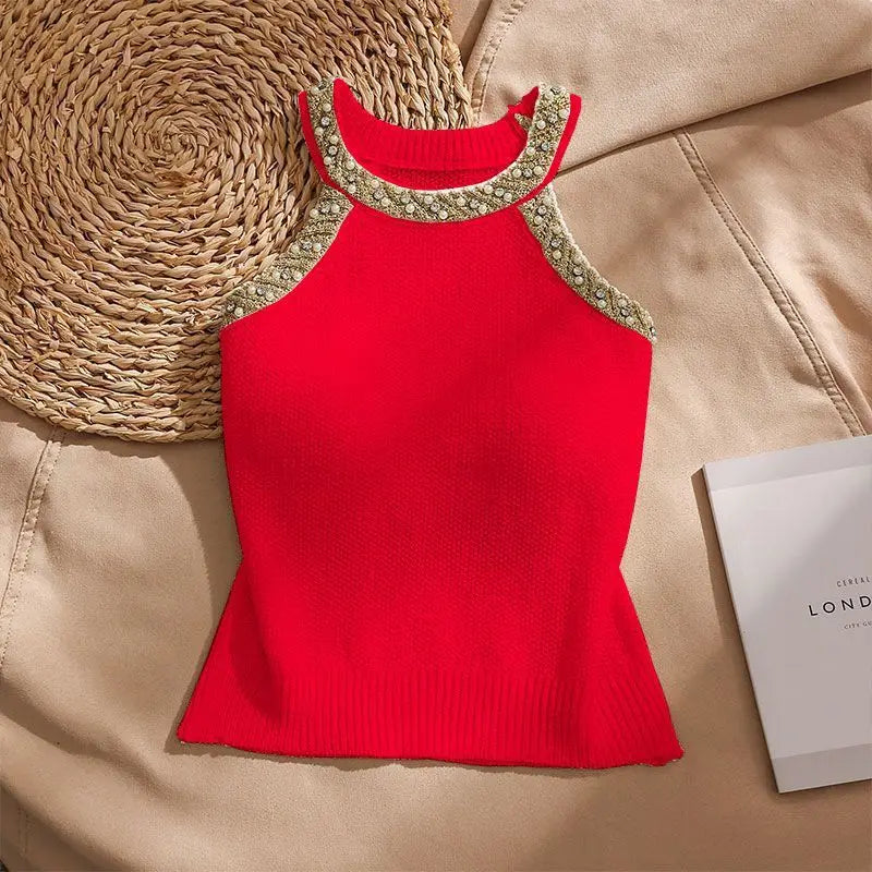 2026 Summer Sleeveless Knitted Vest Shirt Slim Halter Neck Beaded Tops Slim Sexy Bright Silk Women Camisole