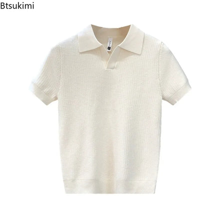 2026 Men's Summer Polo Shirt Korean Style Slim Wrinkle Resistant Collar Solid Color T-Shirts Casual Thin Sleeve Trendy Knit Tops