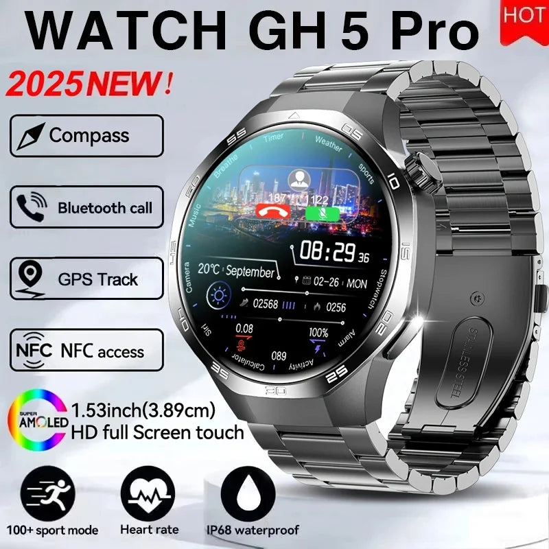 2026 Watch 5 Pro GPS Track Compass Smart Watch Men 360*360 AMOLED Screen NFC BT Call Waterproof Health Monitor Man Smartwatches