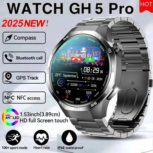 2026 Watch 5 Pro GPS Track Compass Smart Watch Men 360*360 AMOLED Screen NFC BT Call Waterproof Health Monitor Man Smartwatches