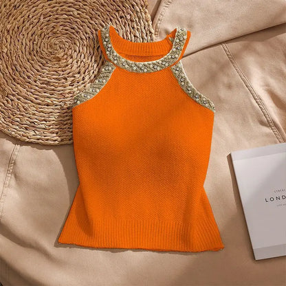 2026 Summer Sleeveless Knitted Vest Shirt Slim Halter Neck Beaded Tops Slim Sexy Bright Silk Women Camisole