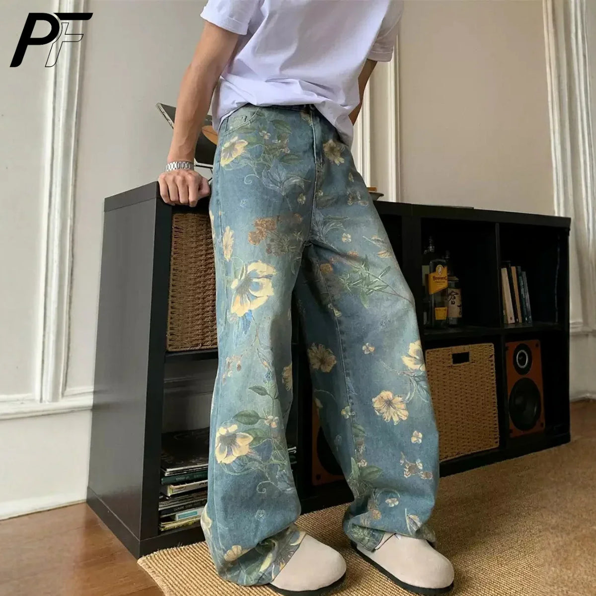 2026 New Vintage Floral Print Wide Leg Denim Pants Y2K High Waisted Distressed Washed Jeans Streetwear Loose Casual Trousers