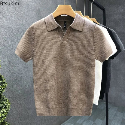 2026 Men's Summer Polo Shirt Korean Style Slim Wrinkle Resistant Collar Solid Color T-Shirts Casual Thin Sleeve Trendy Knit Tops