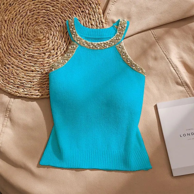 2026 Summer Sleeveless Knitted Vest Shirt Slim Halter Neck Beaded Tops Slim Sexy Bright Silk Women Camisole