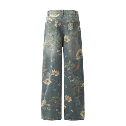2026 New Vintage Floral Print Wide Leg Denim Pants Y2K High Waisted Distressed Washed Jeans Streetwear Loose Casual Trousers