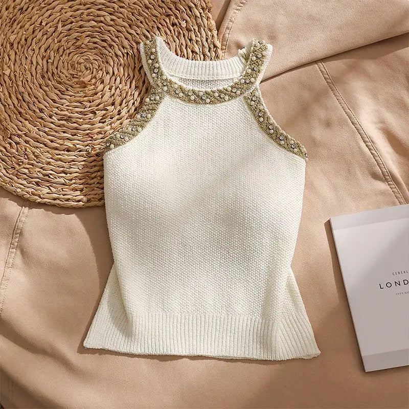 2026 Summer Sleeveless Knitted Vest Shirt Slim Halter Neck Beaded Tops Slim Sexy Bright Silk Women Camisole