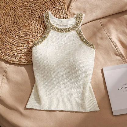 2026 Summer Sleeveless Knitted Vest Shirt Slim Halter Neck Beaded Tops Slim Sexy Bright Silk Women Camisole