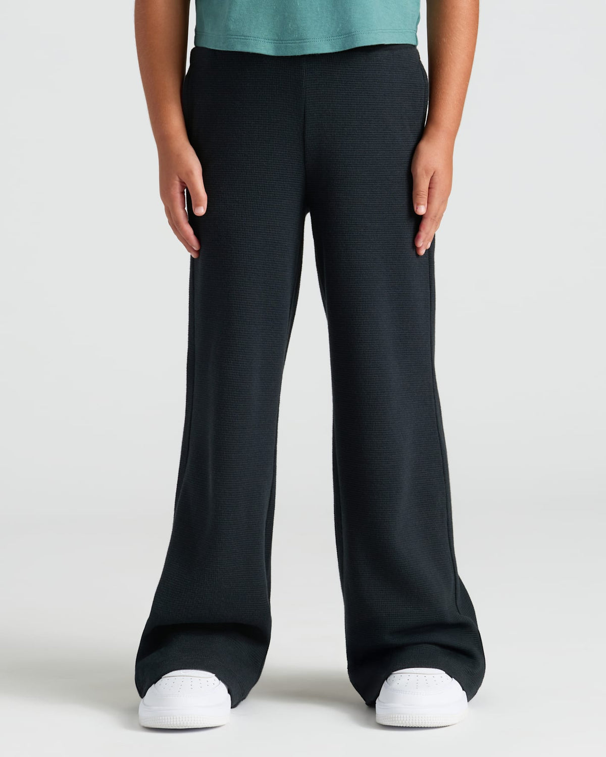 Girls Black Waffle Wide Leg Pants