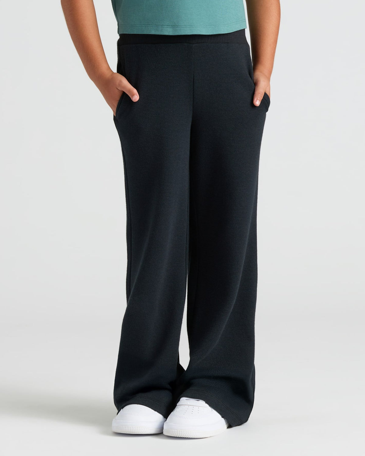 Girls Black Waffle Wide Leg Pants