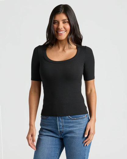 Womens Black Ribbed 3/4 Sleeve Scoop Neck Tee 3-Pack