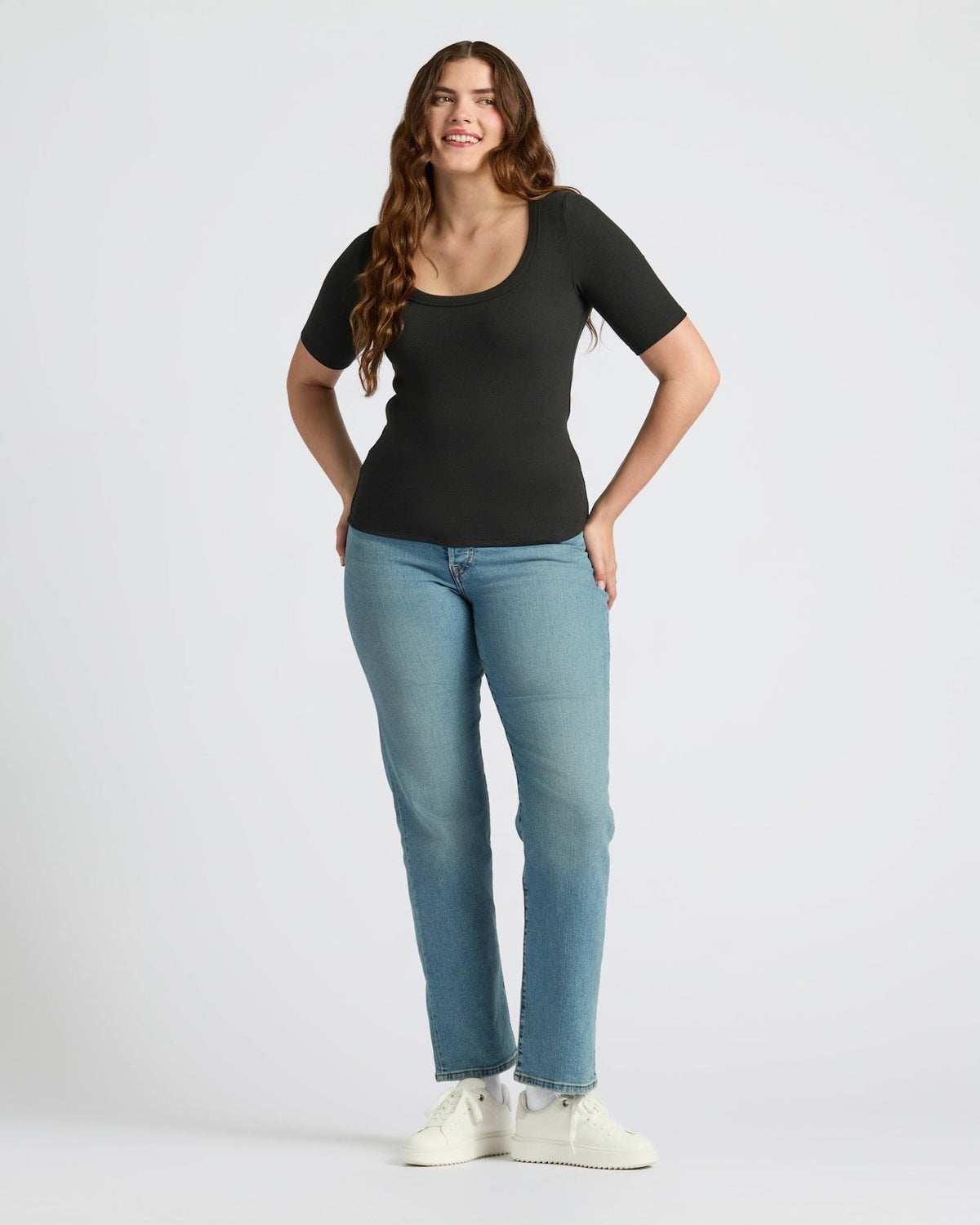 Womens Black Ribbed 3/4 Sleeve Scoop Neck Tee