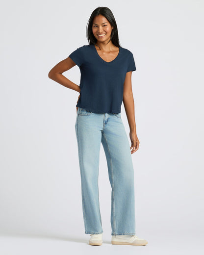 Womens Navy Relaxed Slub V-Neck Tee