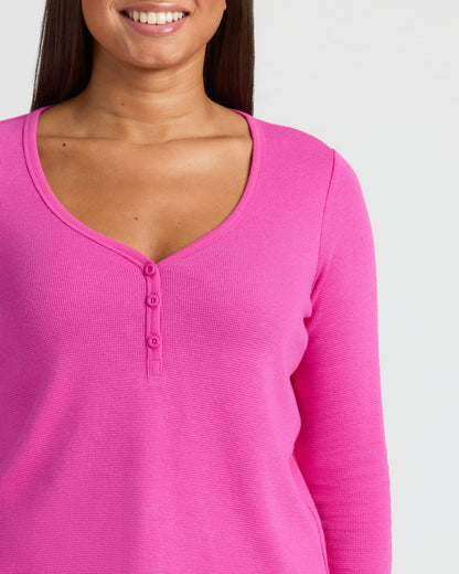 Womens Electric Fuchsia Waffle Long Sleeve Boxy Henley
