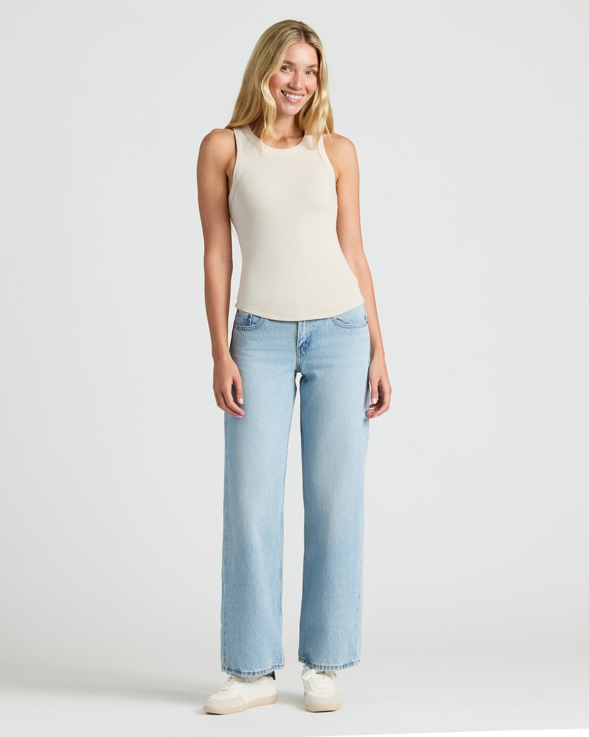 Womens Oatmeal Ribbed High Neck Tank