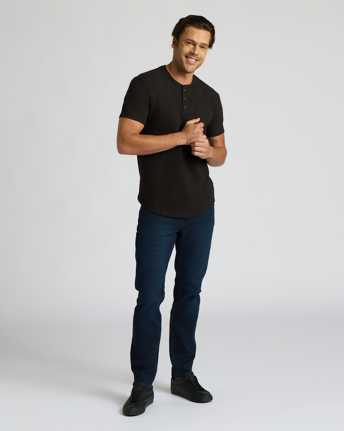 Black Heavyweight Curved Hem Henley