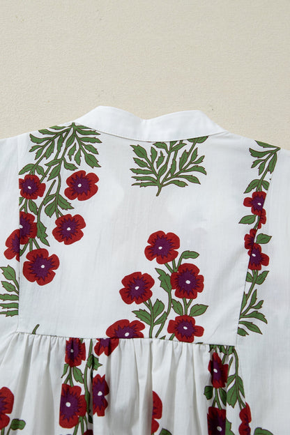 White Frilled V Neck 3/4 Sleeve Loose Floral Dress