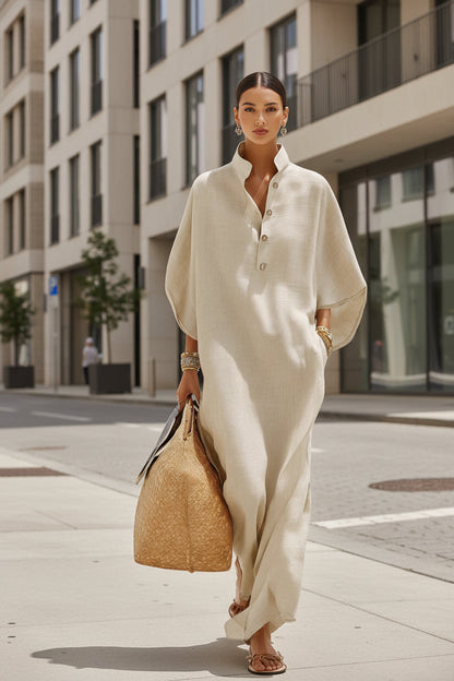 Women’s Stand Collar Button-Down Loose Straight Long Dress