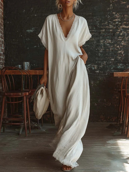 Lace-Trimmed Loose Long Dress for Women