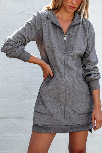 Black Zip up Collared Ribbed Patchwork Sweatshirt Dress with Pockets