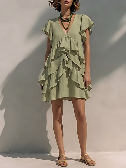 Women's V-Neck Ruffle Sleeve Casual Loose Dress