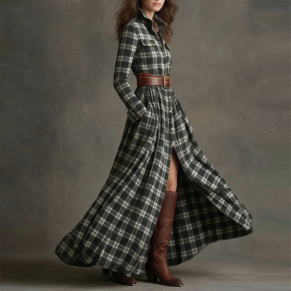 Women's Printed Lapel Slim-Fit Dress – Elegant Commuter Style