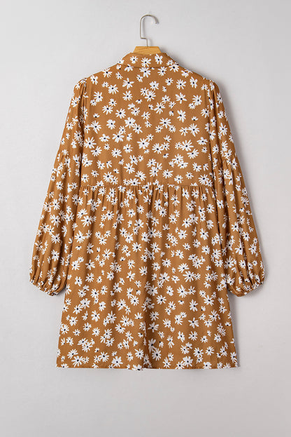 Khaki Plus Size Daisy Floral Print Button Split Neck Puff Sleeve Dress