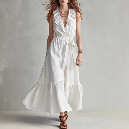 Women's V-Neck Sleeveless Lace-Up Panelled Maxi Dress – Wide Flare