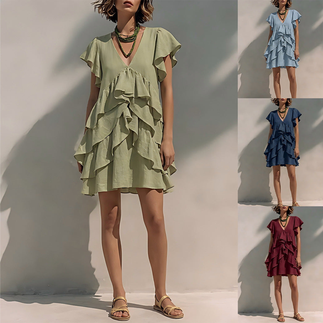 Women's V-Neck Ruffle Sleeve Casual Loose Dress