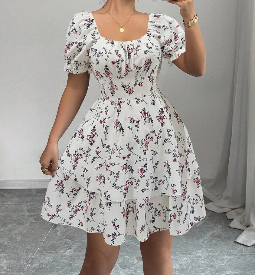 Ditsy Floral High Waist Flared Midi Dress – Short Sleeve Backless Summer Dress