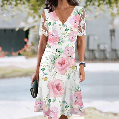 Women's Floral Lace Flounce Neckline High-Waist A-Line Midi Dress