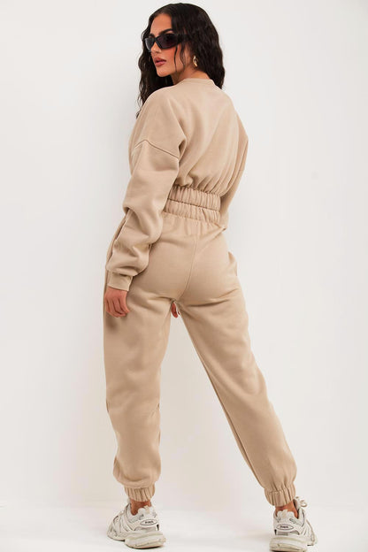 Crop Sweatshirt And Joggers Tracksuit Beige