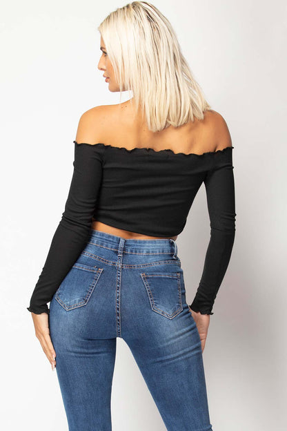 Black Ruched Front Long Sleeve Bardot Crop Top