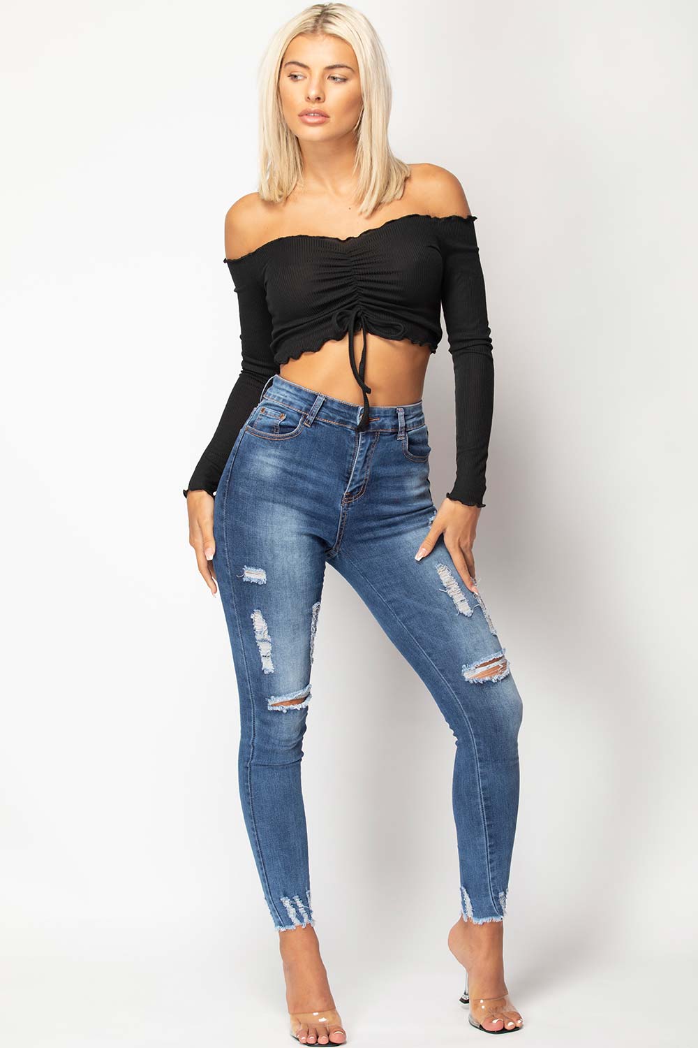 Black Ruched Front Long Sleeve Bardot Crop Top
