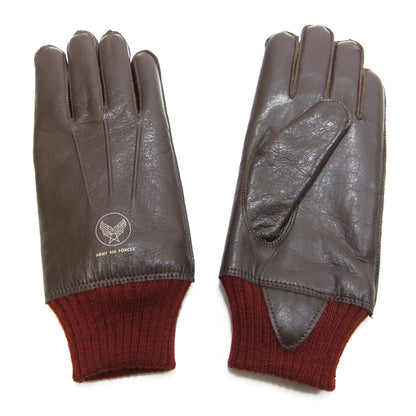 Buzz Rickson Men's Type A-10 Leather Gloves - U.S. Army Air Forces Reproduction - Made in Japan - (BR02835 01 Brown Leather with Red Ribbed Knit Wrist Cuffs)