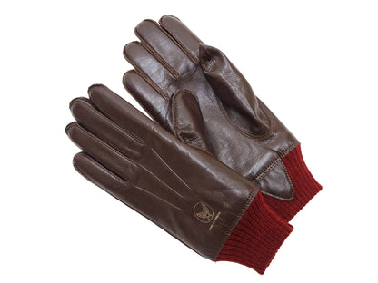 Buzz Rickson Men's Type A-10 Leather Gloves - U.S. Army Air Forces Reproduction - Made in Japan - (BR02835 01 Brown Leather with Red Ribbed Knit Wrist Cuffs)